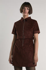 Rust-Corduroy Half-Sleeve Mini-Dress