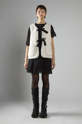 Cream Black Front Tie Sherpa Gilet