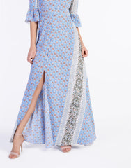 Blue-Rust Border Button-Front Maxi-Dress
