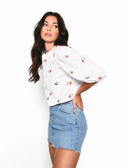 White Floral 3/4 Length Sleeve Crop Top
