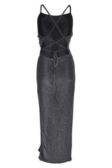 Black-Silver Glitter Strappy-Back Maxi-Dress