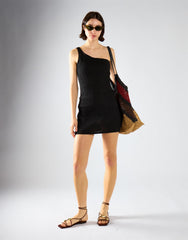 One Shoulder Crinkle Mini Dress - Black