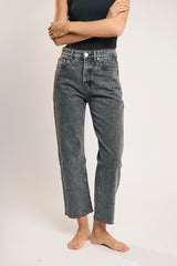 Black Acid-Wash Straight Leg Jeans