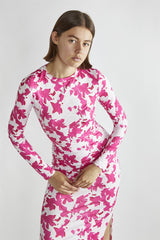 Pink Brushstroke Flowers Round Neck Maxi-Dress