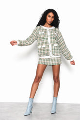 Green-Tweed-White Button-Front Long Sleeve-Jacket