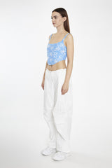 Blue-Scribble-Daisy-Mesh Sleeveless-Corset- Crop-Top