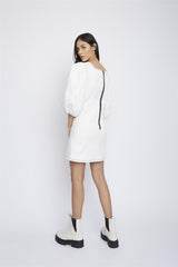 Off-White Puff-Sleeve-Contrast-Stitch Mini-Dress