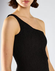 One Shoulder Crinkle Mini Dress - Black