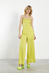 Lime-Satin Jacquard High-Waist Wide-Leg Trousers