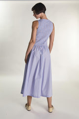 Blue Orange Stripe Slash Neck Shirring Midaxi Dress
