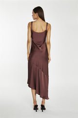 Reddish-Brown Satin Bias-Cut Asymmetric-Dress