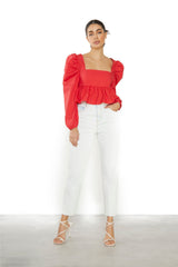 Red Puff Long Sleeve Open Back Top
