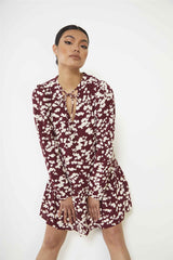 Burgundy Cream Abstract Mini Dress with Ruffle Hem and Long Sleeves