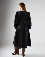 Dark Grey Corduroy V-Neck Button Midi Dress
