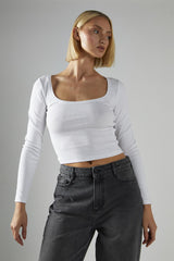 Scoop Neck Crop Tops - White Rib