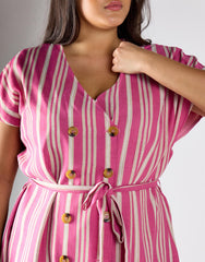 Pink Varied Stripe Wrap Button Front Midi Dress