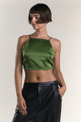 Dark Green Satin Back Tie Crop Top