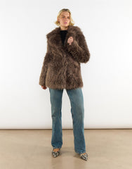 Grey Brown Collared Faux Fur-Coat