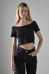 Black Shirred Bardot Crop-Top