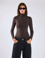 Deep Brown High-Neck Long Sleeves Bodysuit