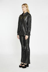 Black-Pewter-Sequin Button-Front Long Sleeve-Shirt