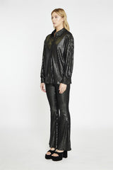 Black-Pewter-Sequin Button-Front Long Sleeve-Shirt