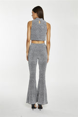Silver-Sequin Plisse Flared-Trousers