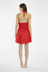 Poppy-Red Cross Over Halterneck Mini-Dress