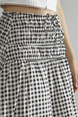 Black-White-Gingham-Print Smocked Midi-Skirt