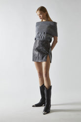 Black-Marble PU Split Mini Skirt