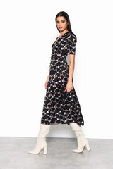 Chain Floral Button Down Midi Dress with Plunging Neckline, Gathered Bust Detail and Puff Sleeves