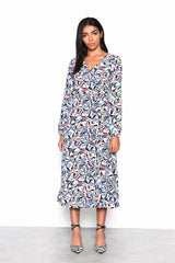 White Blue Multi Abstract V-Neck Midi Dress