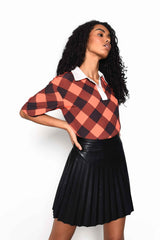 Orange Check Oversized Top with Contrasting White Collar