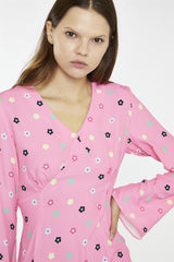 Pink Multi-Flower Fluted Sleeve Mini-Dress