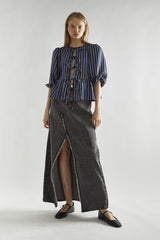 Blue-Black Stripe Tie-Front -Top