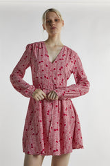 Cherry-Print V-Neck-Skater Mini-Dress