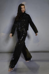 Black Sequin High-Neck Long Sleeve Blouse