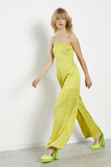 Lime-Satin Jacquard High-Waist Wide-Leg Trousers