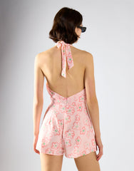 Pink Painted Floral Halter Tie Neck Playsuit