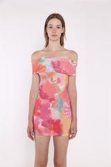 Multi Watercolour Flower Bardot Mini Dress