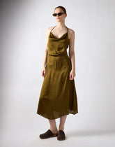 Satin Cowl Neck Midi Dress - Khaki