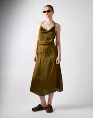 Satin Cowl Neck Midi Dress - Khaki