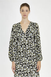 V neck Maxi Dress - Black Grey Flower