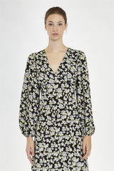 V neck Maxi Dress - Black Grey Flower
