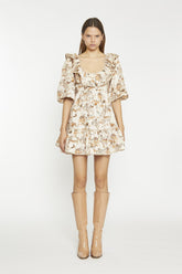 Tan-Multi-Blossom Ruffle-Neckline Mini-Dress