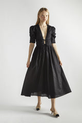 Black Deep-V-Neck-Skater Midi-Dress