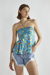 Blue Lemon-Print Halter-Neck Top