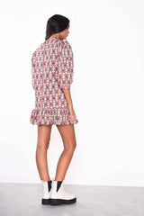 Rust Tile Mini Shift Dress with Peplum Hem