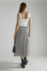 Black-White-Gingham-Print Smocked Midi-Skirt