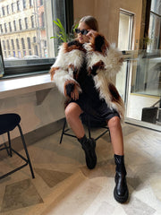 Cream-Brown Spot Faux-Fur Coat